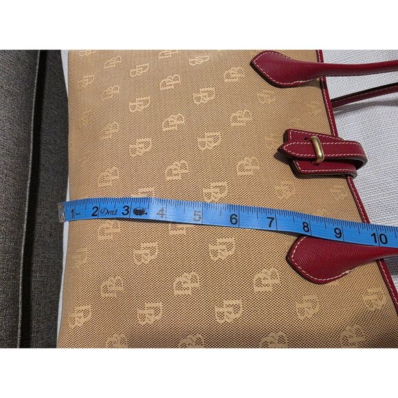 Dooney & Bourke DB Canvas Tote Bag Beige Red Leather Trim Medium - Picture 5 of 9